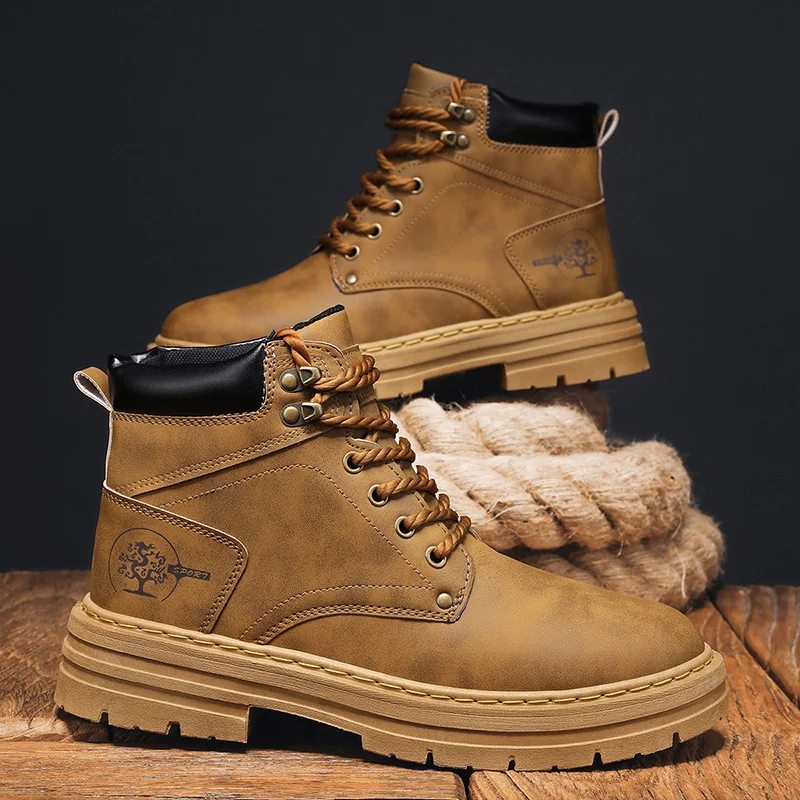 

2025 Autumn Mens Leather Boots Outdoor Comfort Lace-Up Platform Boots Fashion Designer Men Non-slip Work Boots Botas Para Hombre