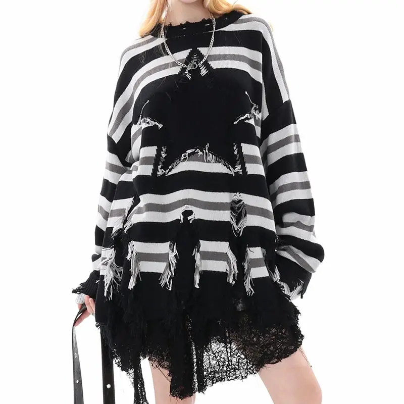 Oversized Striped Sweater for Women American Retro Raw Edge Knitted Pullover Trendy Street Style Clothing Autumn Winter