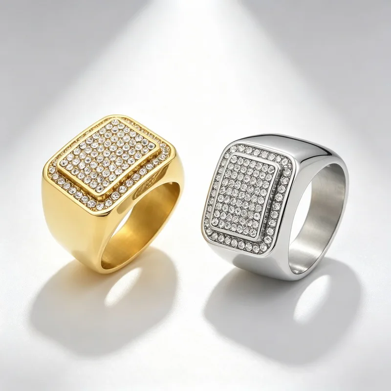 Kalen Herrenring, größer, quadratisch, hochwertig, mit CZ-Kristallen, Edelstahl, Schmuck, männlicher Charme, Fingerring, Damen-Accessoire – Detail 11