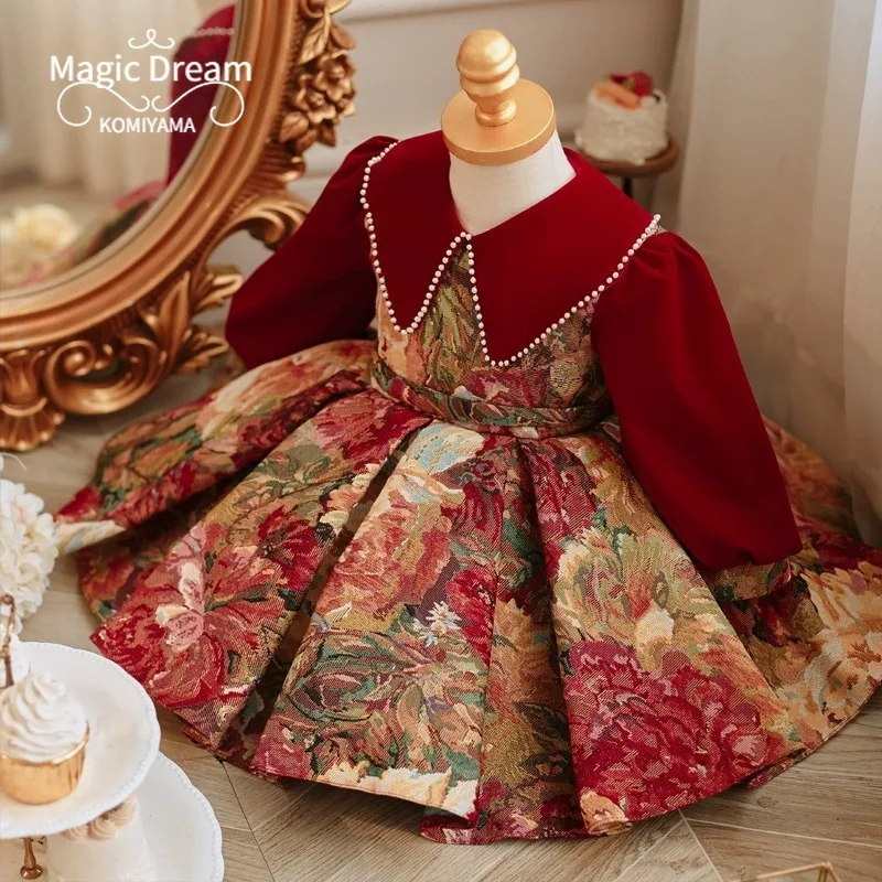 Personalizado luxuoso flor meninas vestido de princesa para crianças elegantes manga longa vestido de baile lolita festa de aniversário vestidos ano novo