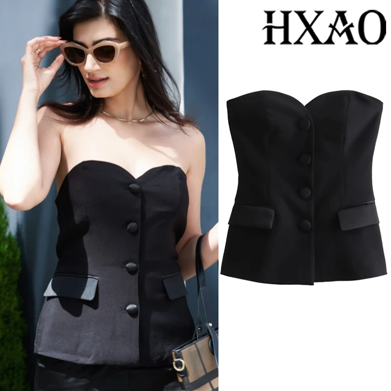 HXAO Top Damen Korsett Sommer Tank Tops Ärmellos Weiß Crop Top Bürokleidung Trägerlos Damen Tube Top Rückenfrei Sexy Schwarze Weste