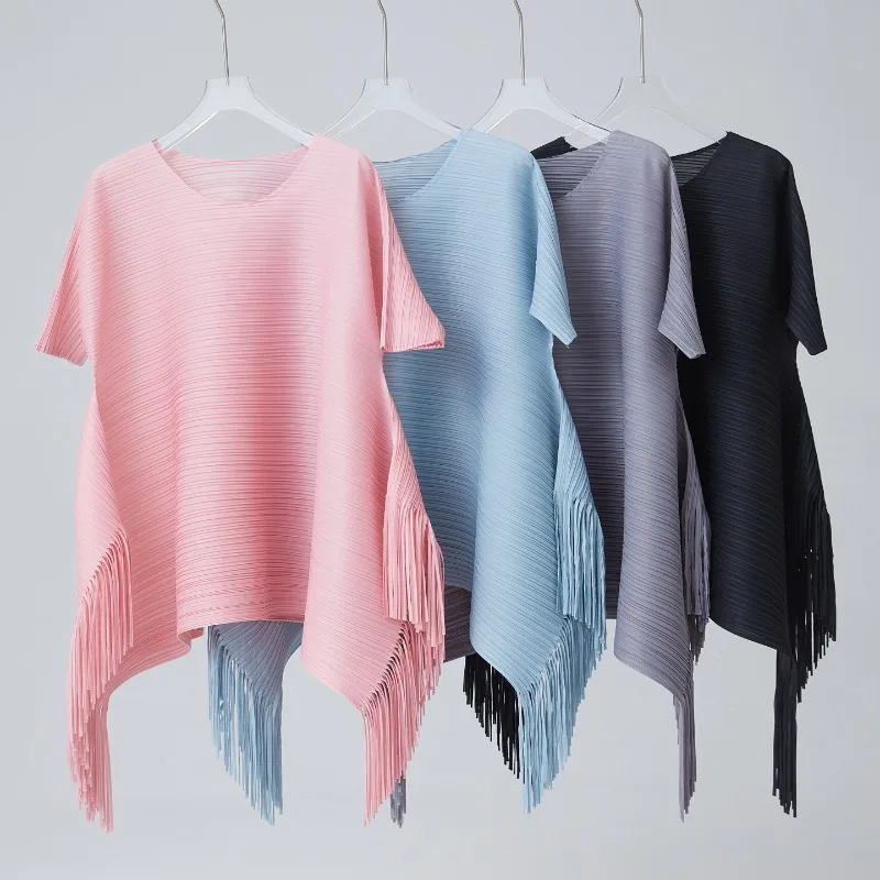 

Miyake Pleated 2025 New Summer Fashion Big Yards Loose Short-sleeved T-shirt Temperament Versatile Fringe Tops for Women