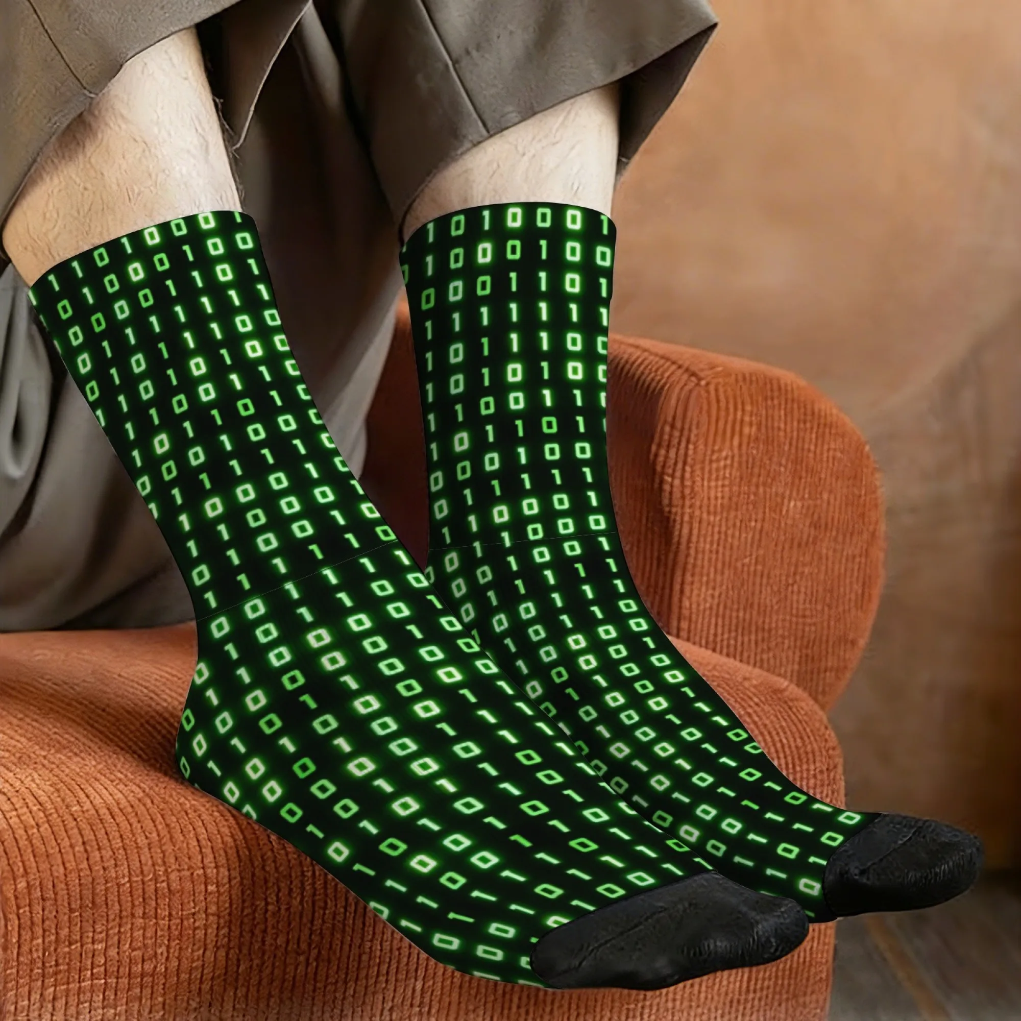 Cyberpunk Green Digital Rain Print Mid-calf Socks Tech-savvy and Geeky Perfect for IT Professionals Comfortable Soft Daily Wear