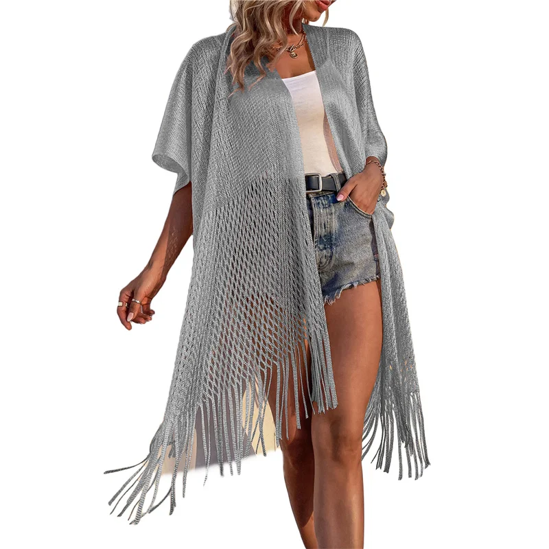 Women Beach Sun Blouse with Long Tassel Decoration, Solid Color Hollow Loose Summer Swimwear Cover Up Clothing