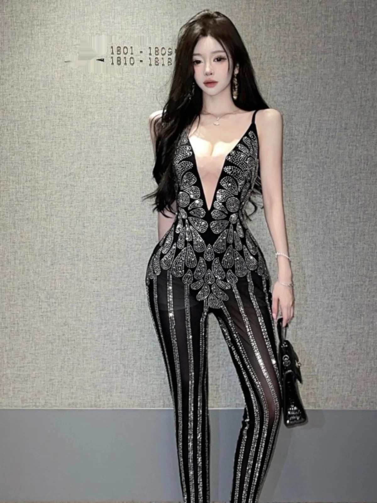 新デザインVネック スプライス ロングパンツ セクシー ボディライン強調 シースルー ストラップ ワンピース レディース ハイウエスト ダイヤモンド装飾