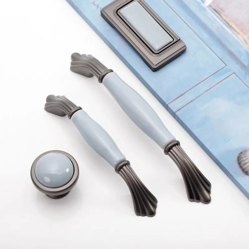 Blue Gray Cabinet Furniture Handle Zinc Alloy Mediterranean Style Wardrob Handle Ceramic Door Knosb Cabinet Door Hardware