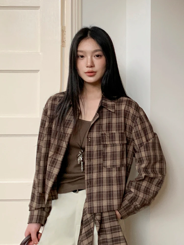 

Комплект BORAN: Рубашка и жилет в клетку в стиле ретро, женская модная осенняя коллекция, хлопок, повседневный стиль, свободный крой