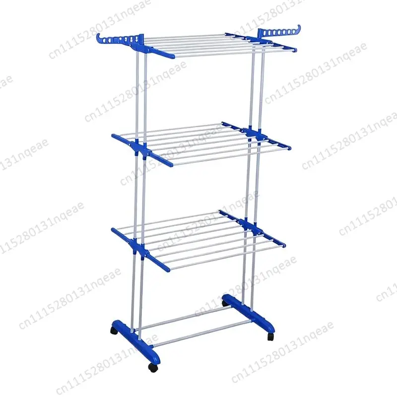 Indoor Folding Mobile Floor Hanger Three-layer Metal Wing Drying Rack Multi-functional Storage