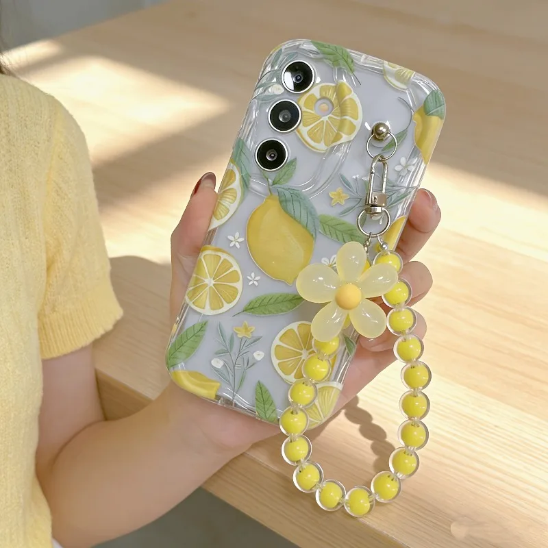 Yellow Lemon Flower Lanyard Phone Case For Samsung Galaxy S26 S25 S24 S22 S23 Ultra Plus FE A56 A55 A37 A36 A27 A26 A16 Cover