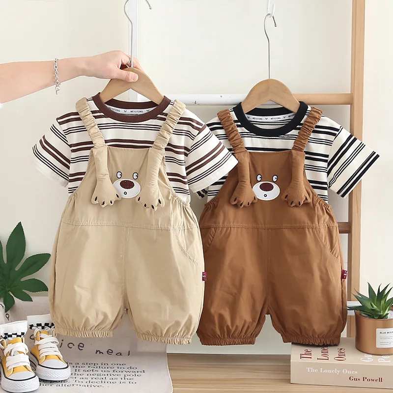 

Summer Baby Sets Boys Clothing Casual Stripe T-shirt Cartoon Overalls 2pcs Suit for Infant Baby Birthday Clothing Outfit