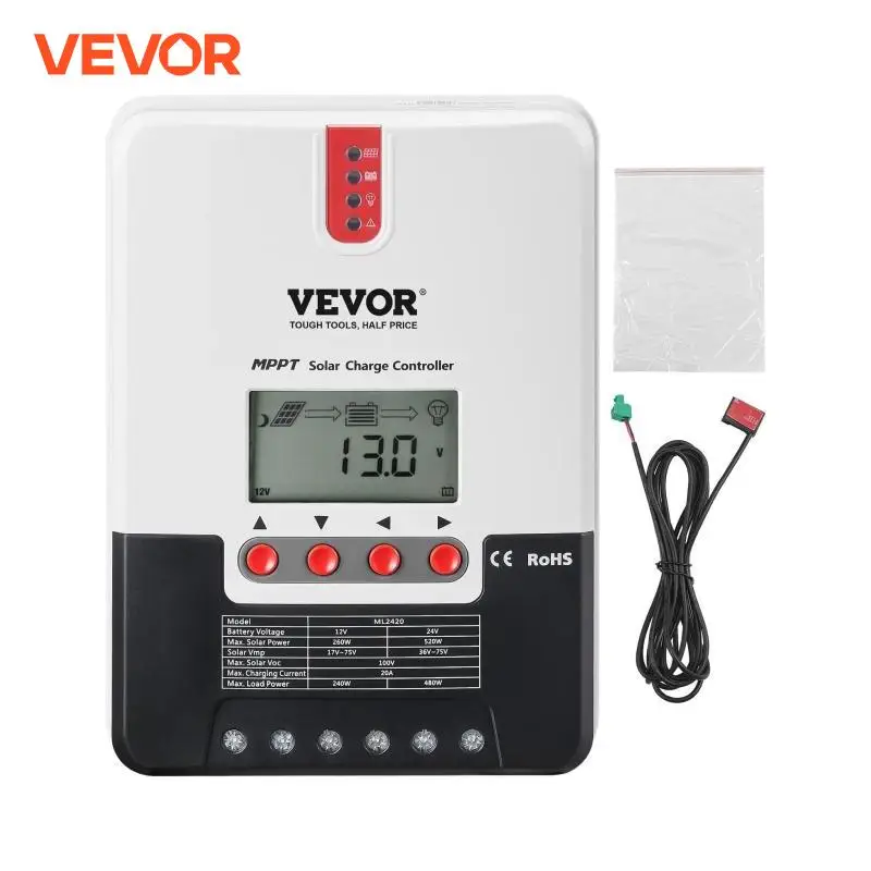 VEVOR 20A MPPT Solar Charge Controller 12V/24V Auto DC Input LCD Display Temperature Sensor Cable for Lithium Battery Charging