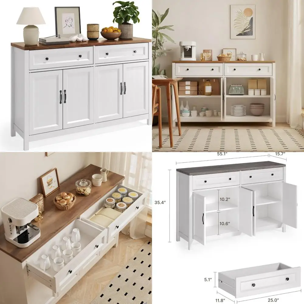 Rustic Farmhouse Style Kitchen Sideboard with Ample Storage, Drawers, and Doors for Coffee Bar and Dining Room Organization