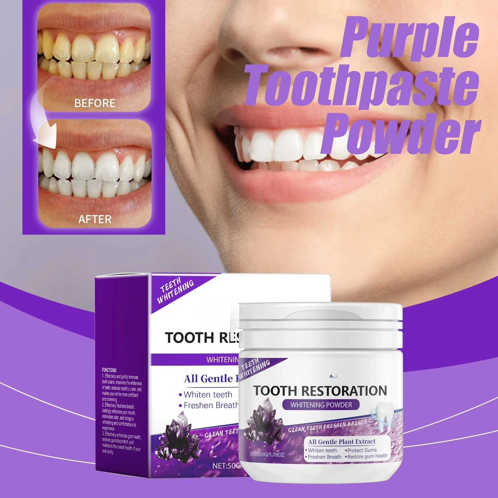 

Фиолетовый порошок зубной пасты со вкусом мяты, освежающие зубы, удаляют пятна, предотвращают неприятный запах изо рта, освежает дыхание, средства по уходу за полостью рта