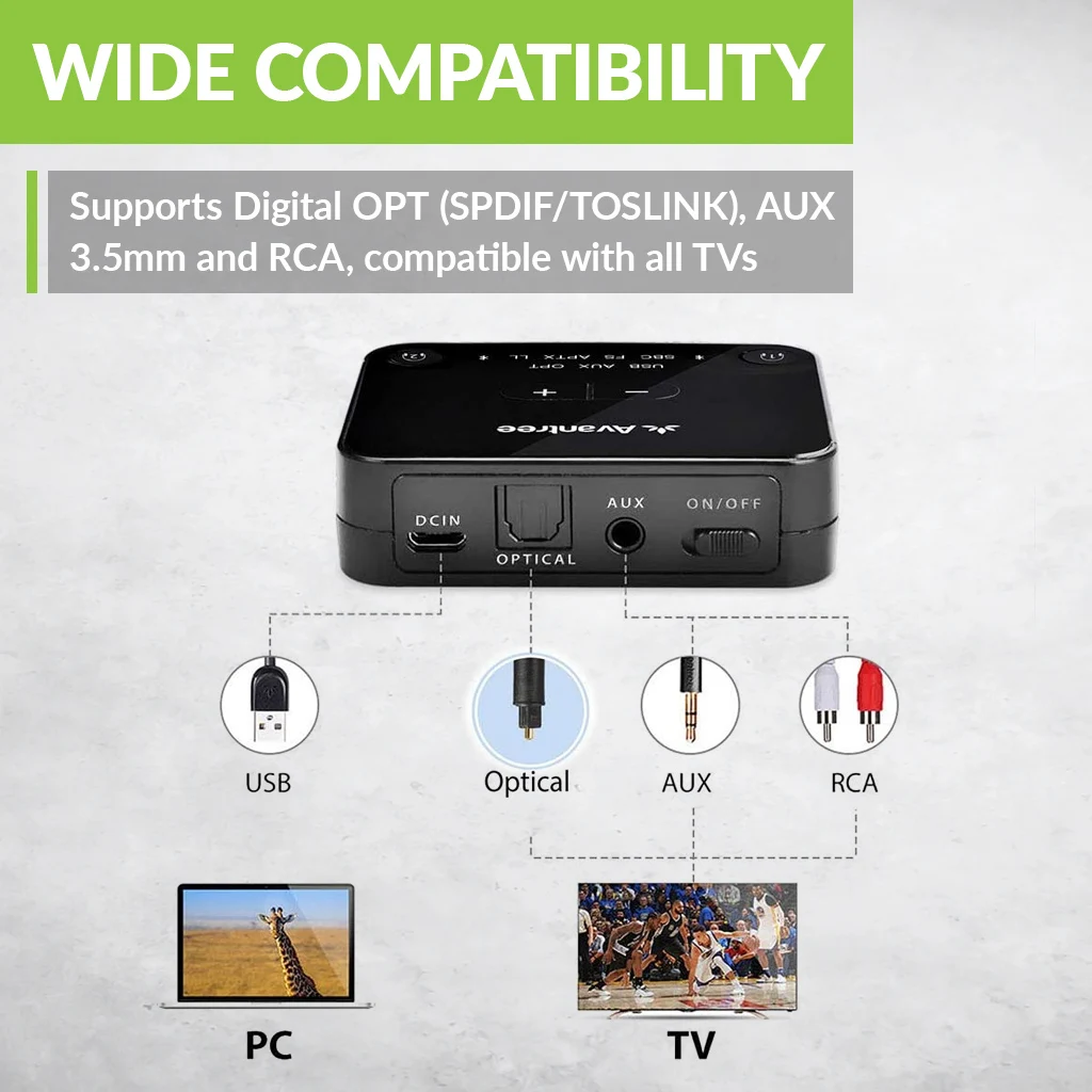 Trasmettitore Avantree Audikast Plus Bluetooth 5.0 per TV PC con controllo del volume, adattatore audio wireless a bassa latenza aptX