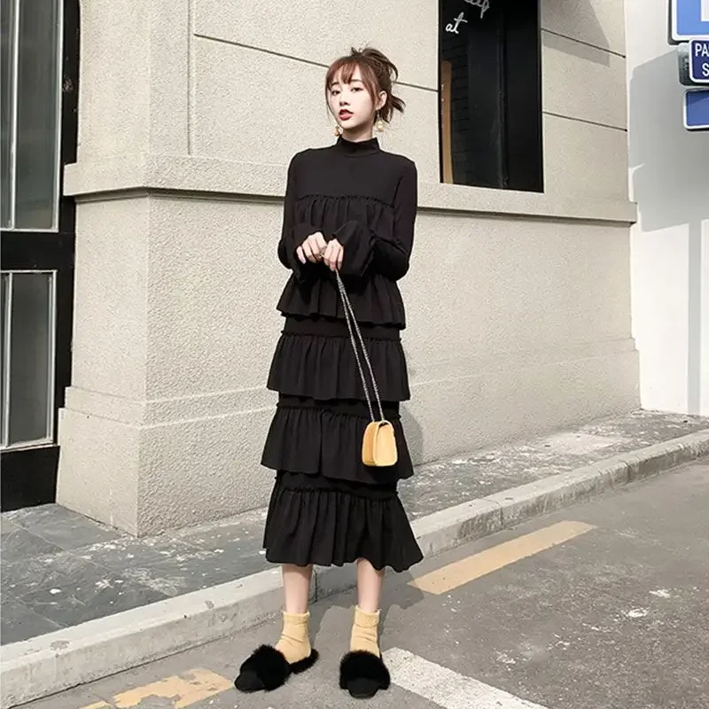 MiiiiX Casual Style Black Long Dress 2024 Autumn New Classic Loose Ruffled Tiered Dress Knitted Bottoming Shirt Female Clothes