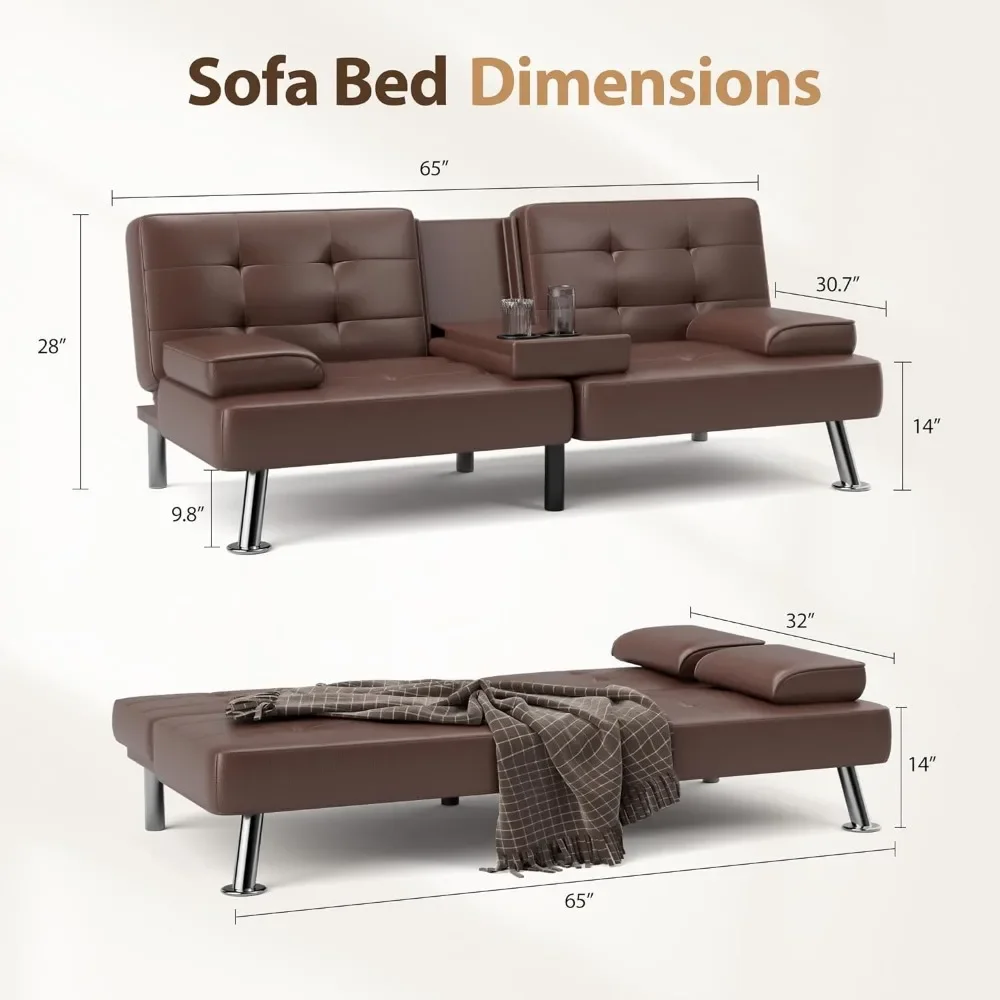 Convertible Folding Futon Sofa Bed Sleeper Couch for Living Room Faux Leather Upholstered w/Removable Armrests, 2 Cup Holders