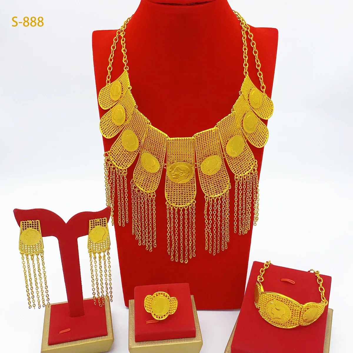 

Wedding Tassel Necklace Bracelet Earrings Ring 4-Piece Set Women 24K Gold AU999 - Bridal set, fits wedding dresses