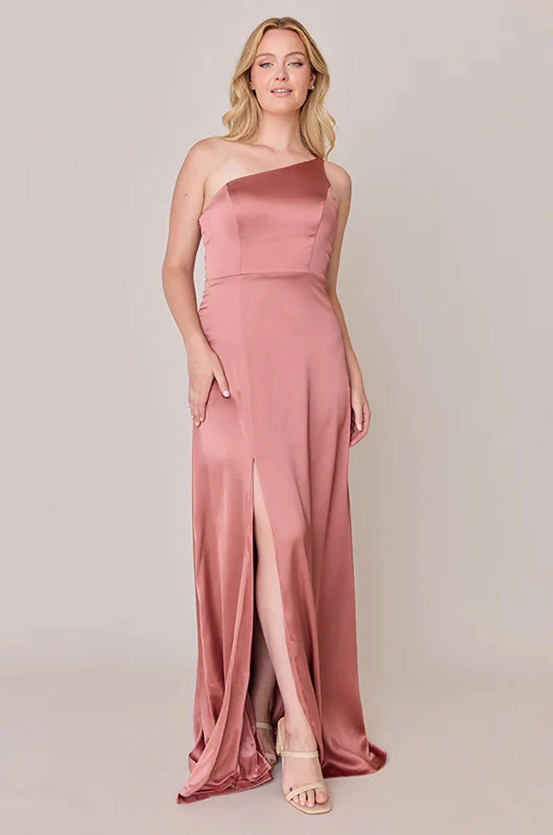 LoveDoris Bridesmaid Dress One Shoulder Wedding Party Dress A-Line Split Dress Prom Dress Satin Long Dress Customize