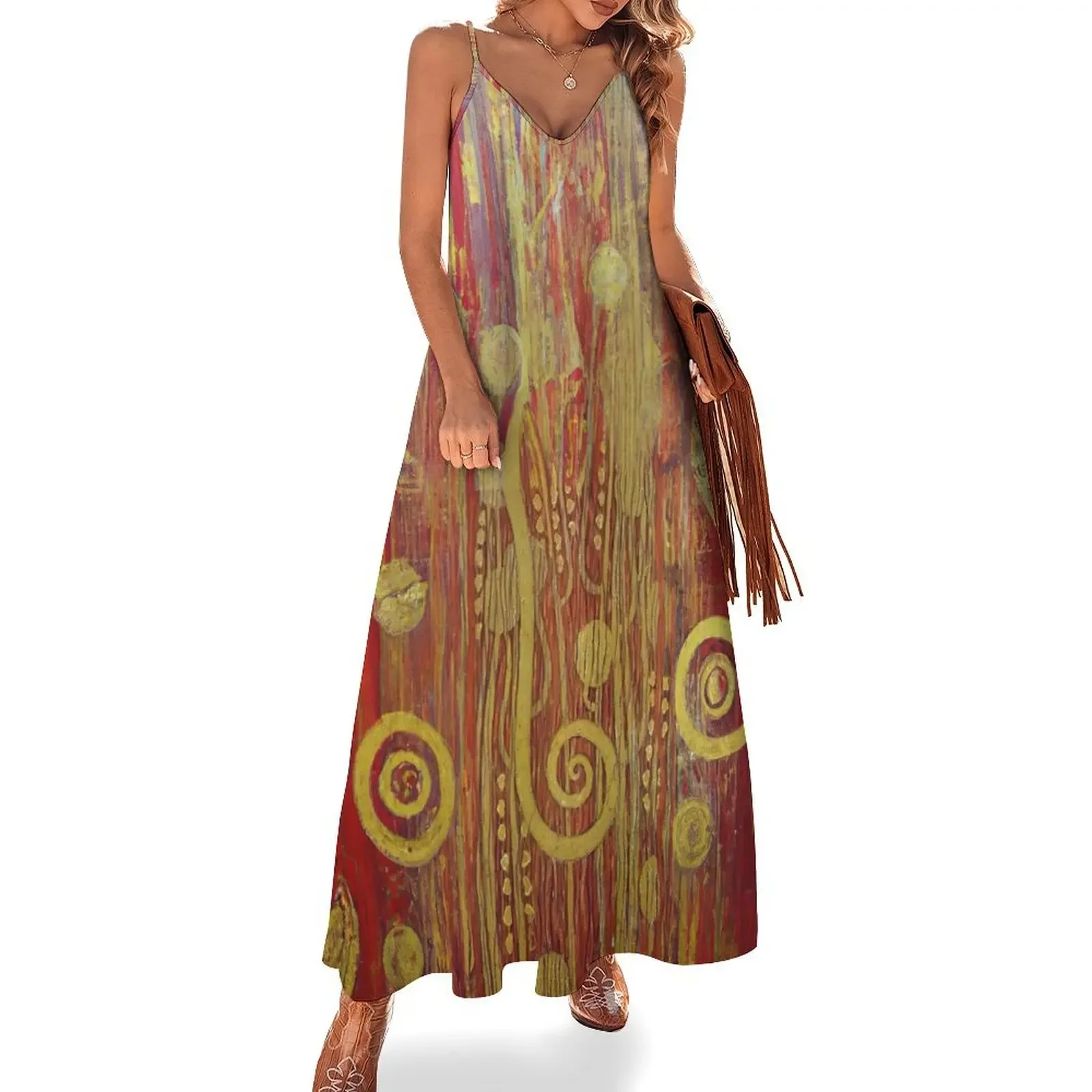 

Klimt Gold and Red Pattern Sleeveless Dress dresses for prom dress korean style Dress