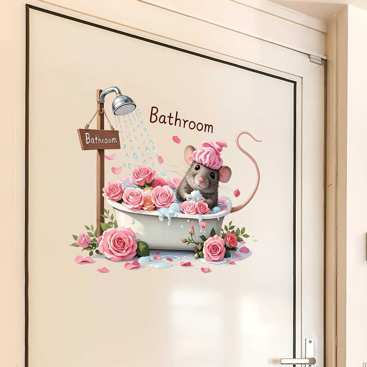 1pc Bathing Mouse Bathroom Wall Sticker, Self-Adhesive Decorative Sticker, Suitable for Bathroom Door, Toilet, Kids Room
