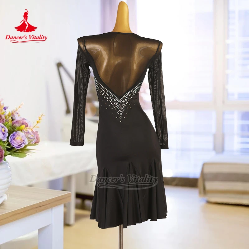 Chacha Samba Black Mesh Splicing Long Sleeves Dresses Customize Adult Latin Rumba Jive Professional Clothing Dancer's Vitality