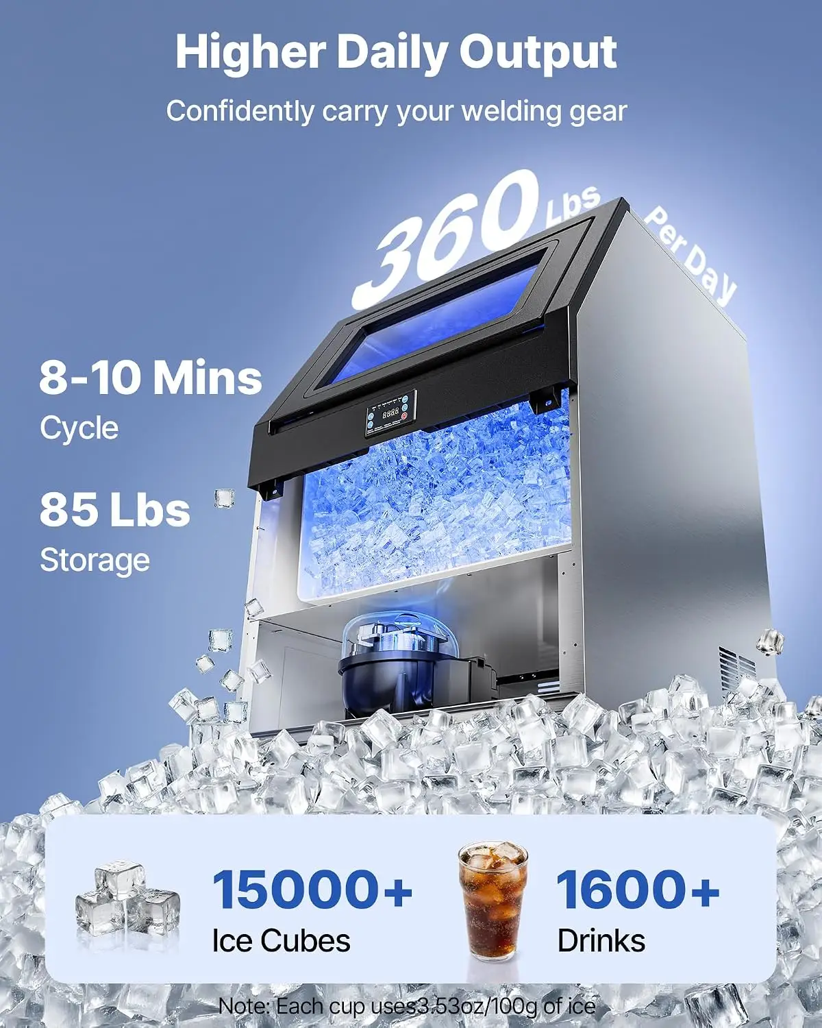 Commercial Ice Maker Machine, 360 lbs/24h with 85 lbs Storage Capacity, Built-in/Freestanding/Under Counter, Stainless Steel Ice