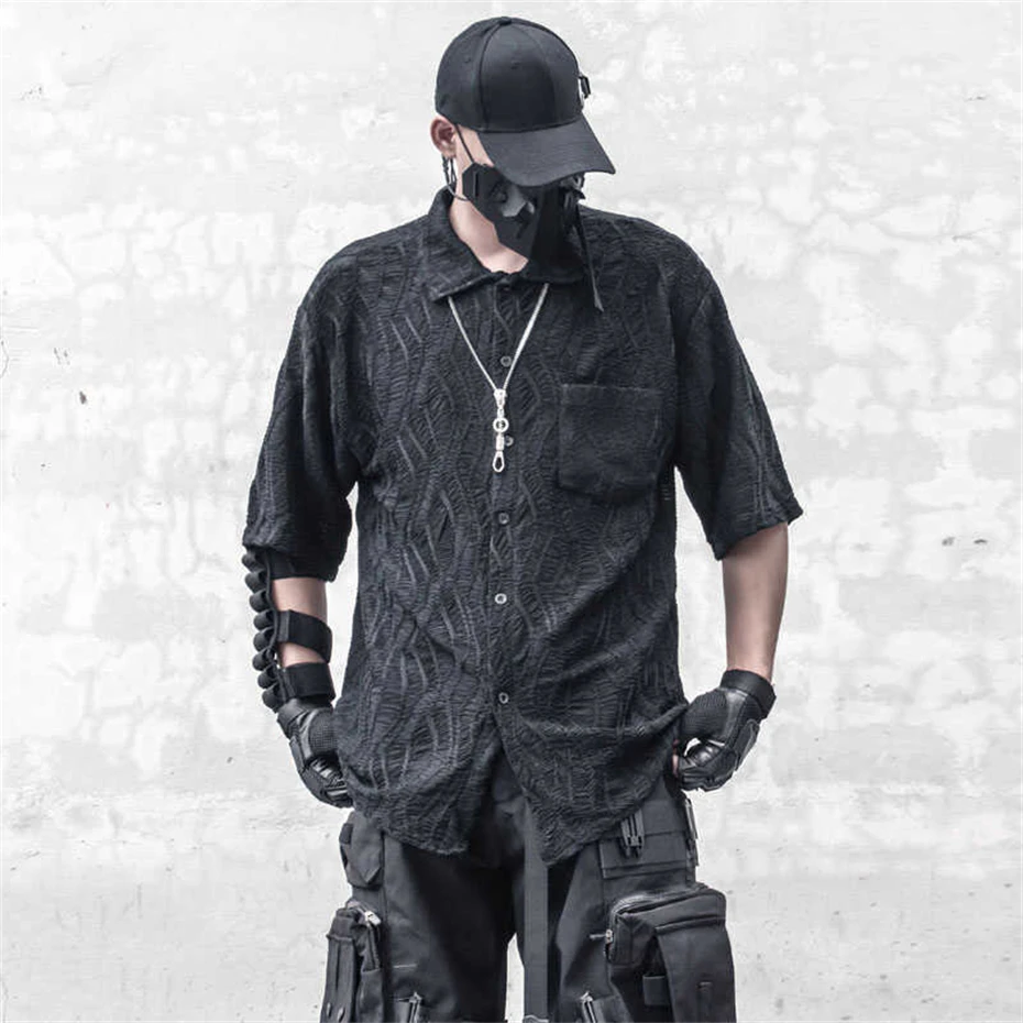 Summer Short Sleeve Shirt Men Streetwear Punk Hollow Out Shirt Functional Harajuku Loose Casual Shirts Blouse Techwear