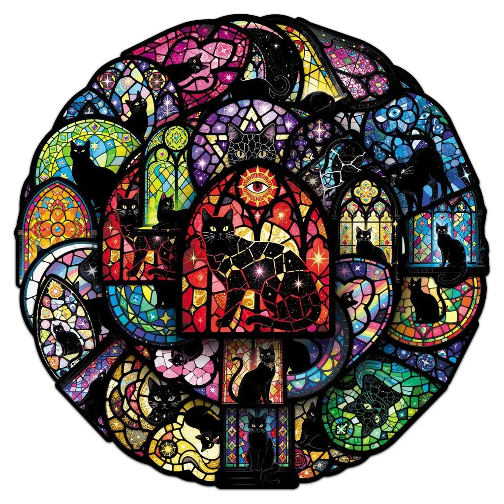 

50 Pieces Stained Glass & Black Cat Stickers - Unique Mysterious Scene Creative Cartoon Cat Decals BulingBulingStickers Store