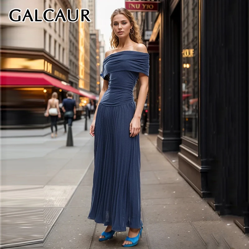 GALCAUR Solid Pleated Dress Women Slash Neck Short Sleeve High Waist Slimming Patchwork Zipper Summer Long Dress Female New 2025