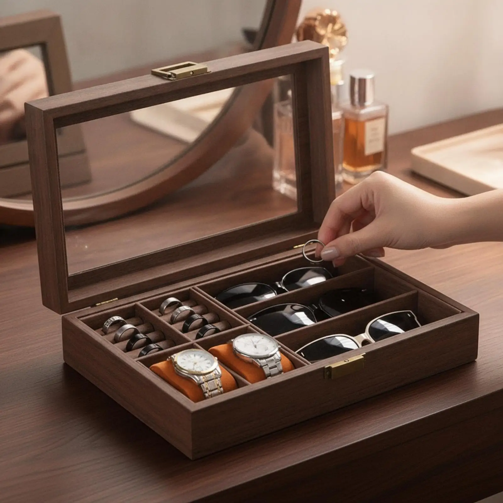Clear Lid Leather Jewelry Storage Box Divided Organizer for Rings Earrings Necklaces Bracelets with Soft Lining for Vanity