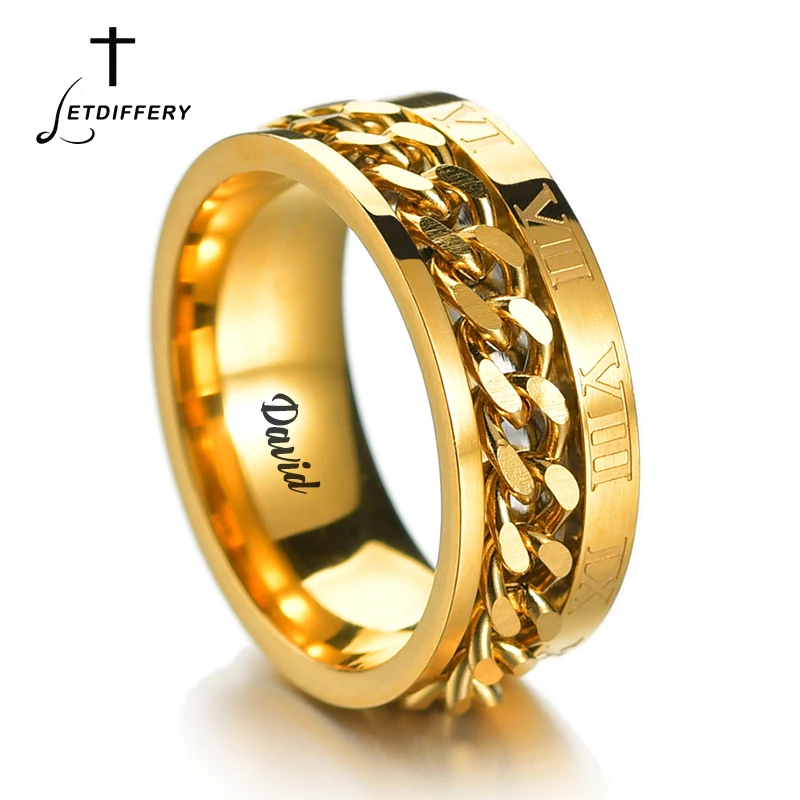 Letdiffery Fashion Custom Engrave Name Logol Rotatable Rings Stainless Steel Spinner Chain Punk Men Women Jewelry Party Gifts