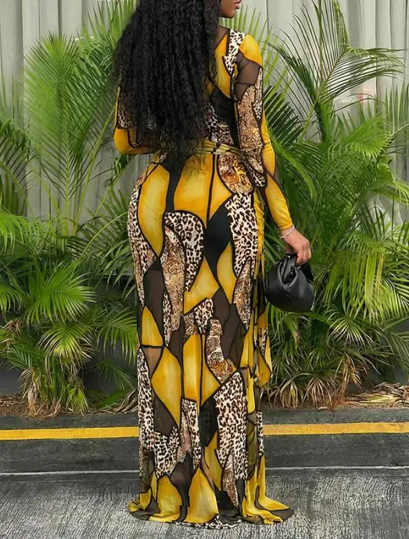 

Two Piece Set Women Outfit Geometric & Leopard Colorblock Print Long Sleeve Tie Waist Sheer Mesh Maxi Dress & Cami Mini Dress