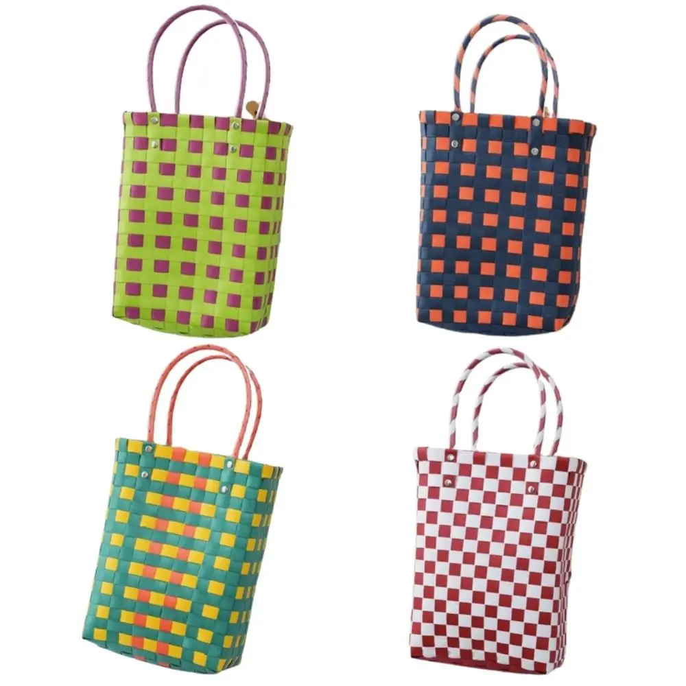 PVC Colorful Woven Tote Bag Large Capacity Patchwork Striped Shopping Tote Basket with Handle Retro Wicker Beach Bag Market