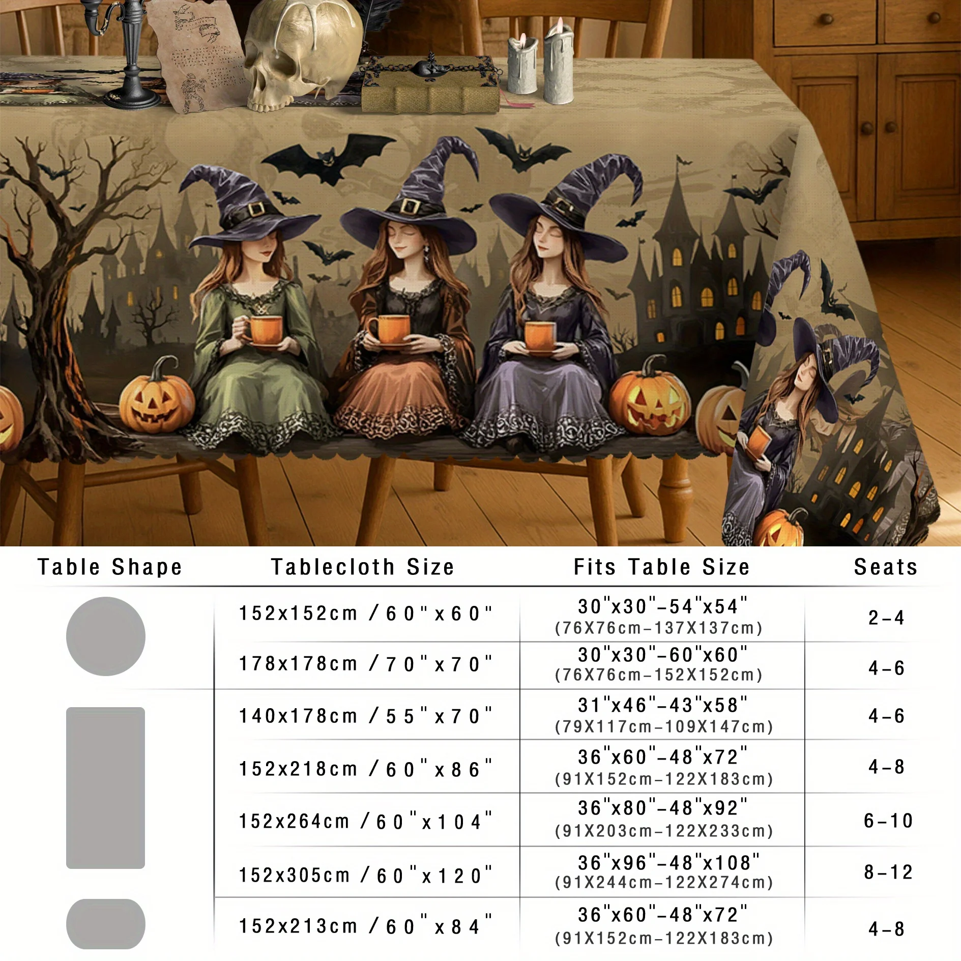 1 piece, vintage Halloween tablecloth, witch castle design - brown skull background, country style, Halloween gift