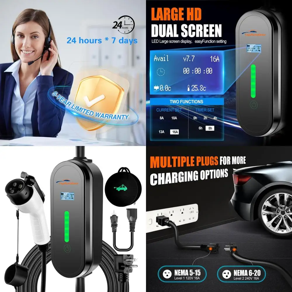 

Level 1 and Level 2 EV Charger, 16 Amp 110-240V Portable SAE J1772 Electric Car Charger, Adjustable Current 8A-16A and Time Sett