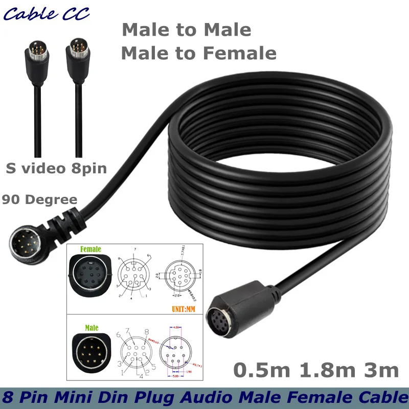 50cm 90 ° Mini DIN 8Pin Male to Male Female Video Cable 8-Core S-Video Set Top Box Scanner Monitoring Connection Cable