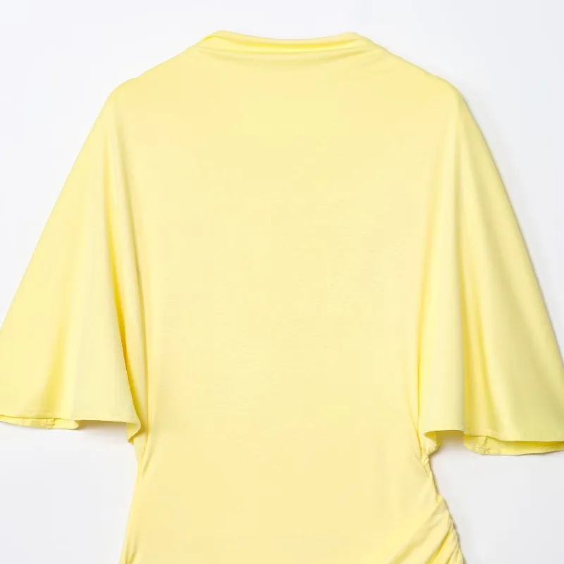 Mulheres nova moda manga curta sexy sem costas em camadas decoração amarelo magro vestido longo mulher verão praia vestido de festa