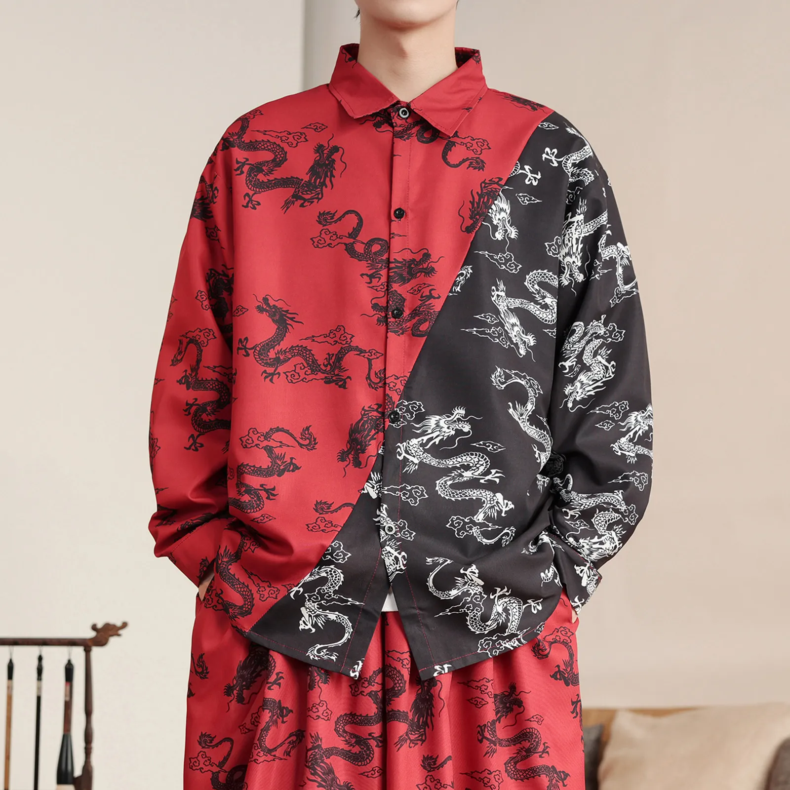 Chinese Style Shirts Men New Retro Dragon Red Casual Comfortable Shirts Men's Loose Kung Fu Tai Chi Traditional Blouses Clothing