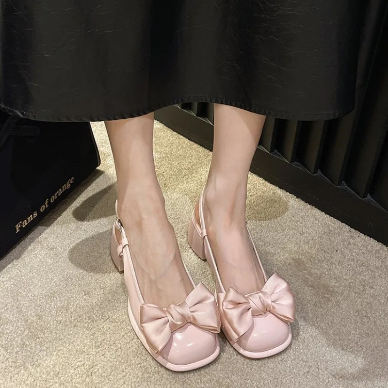 Fashion Heeled Sandals for Women Black Pink Women's New Shallow Bow Women's Shoes Thick Mid Heel Cool Sandals Sandalias De Mujer