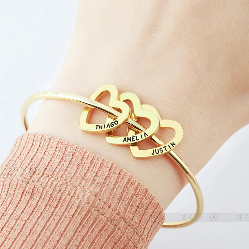 

Custom Names Heart Charms Bangle Personalized Women Bracelet Jewelry Gift Mother's Day Gift -send us names via chat