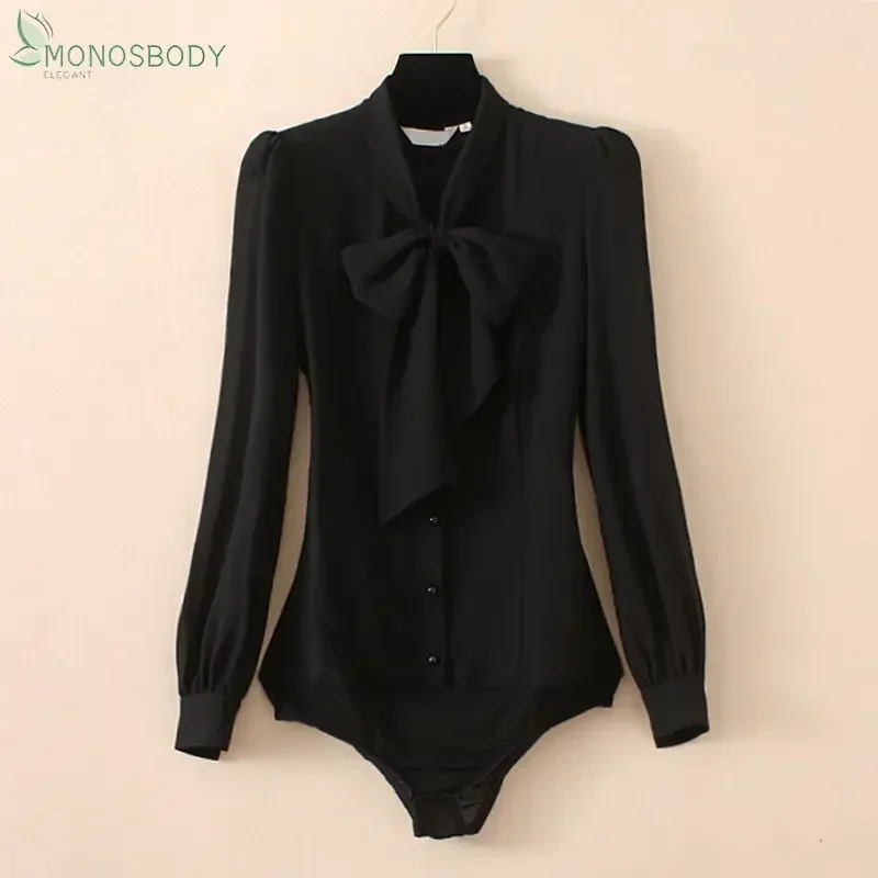 Black Chiffon Bodysuits Women Business Work Wear Rompers Office Lady Blouses and Tops Fashion Formal Body Shirts Female Outfits