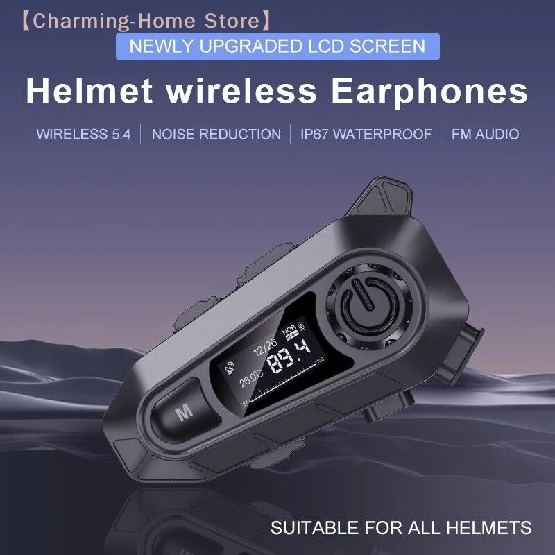 【M】Motorcycle Helmet Headset Wireless Handfree Call Waterproof BT 5.4 Moto Headphone With FM Radio Large LED Display For Rider