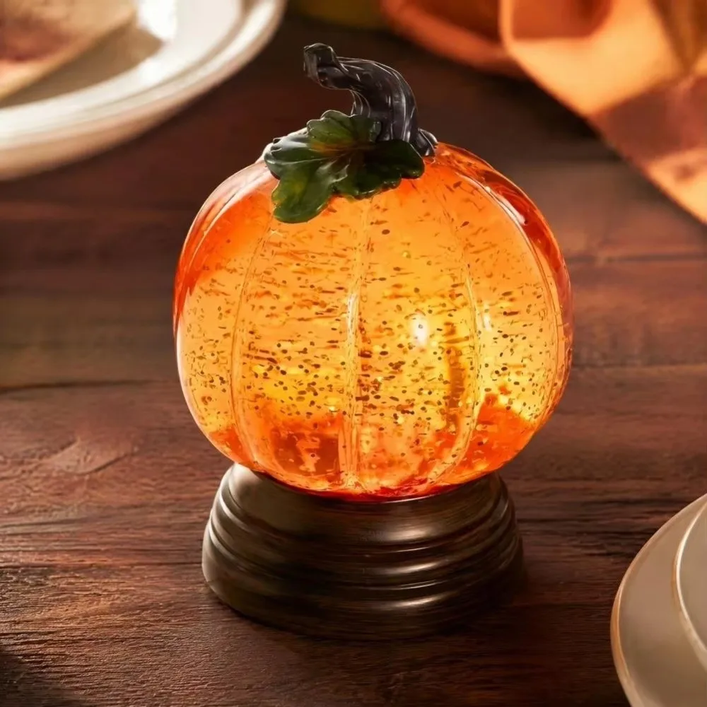 Resin Glitter Pumpkin Table Lamp Retro Warm Light Glowing Pumpkin Decorative Light Creative Battery-Operated Halloween Ornaments