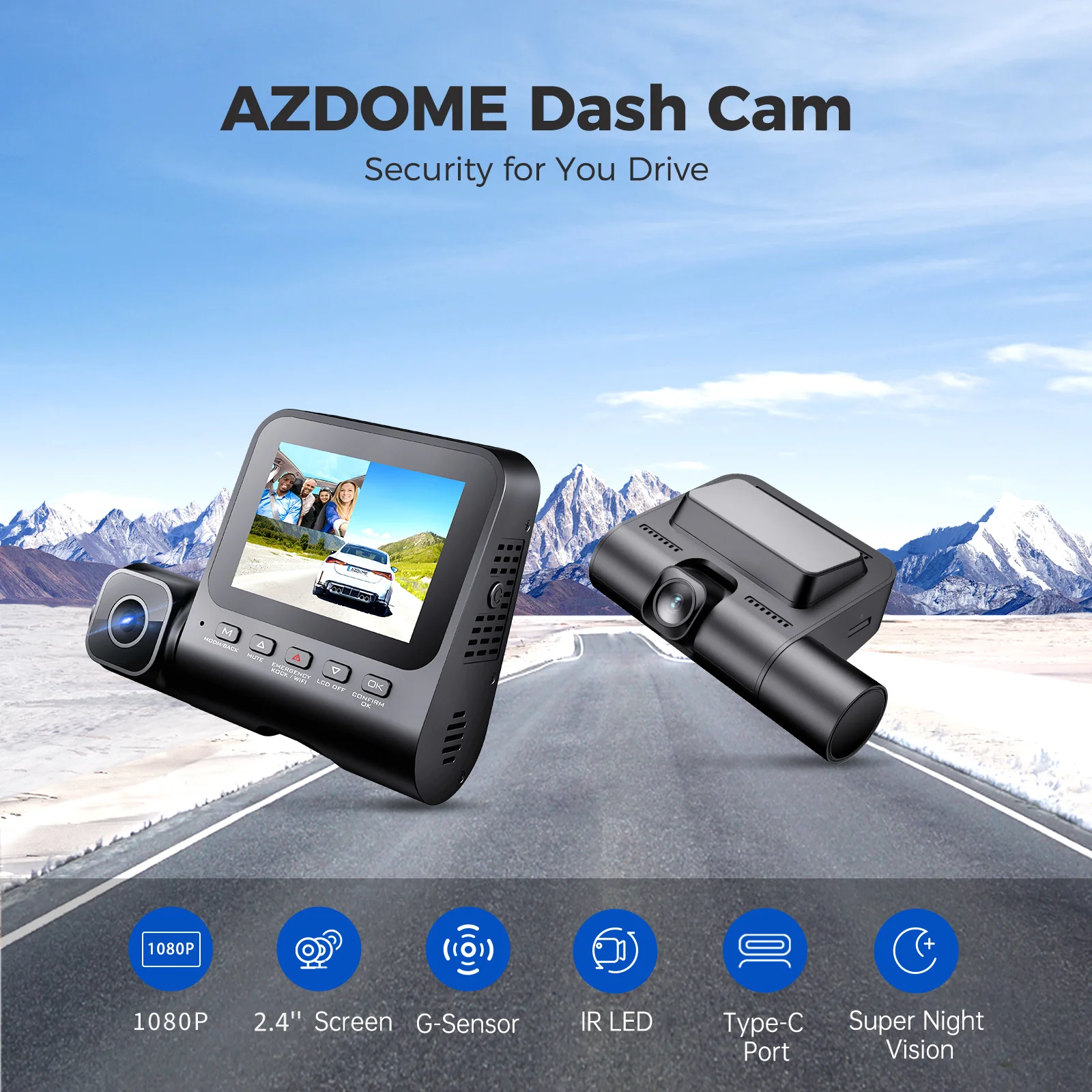 AZDOME Dash Cam V600 1080P*2+480P Front Inside and Rear Dash Camera for Cars 2.4'' IPS Screen Car DVR APP 24H Parking Monitor