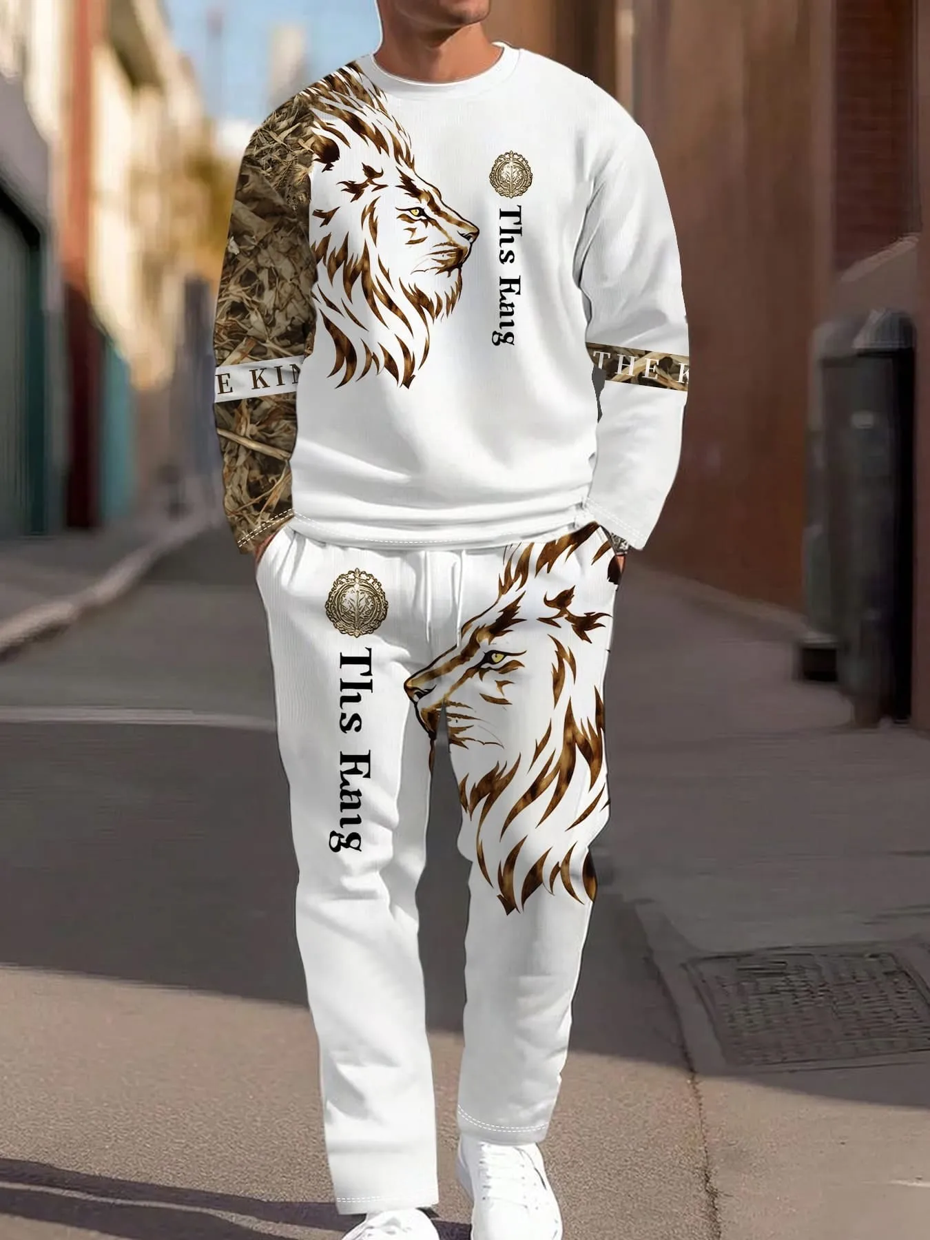 2026 Autumn New Men's Long-Sleeved Pants Set for Street Casual Fashion Soft and Comfortable with 3D Lion Pattern Print