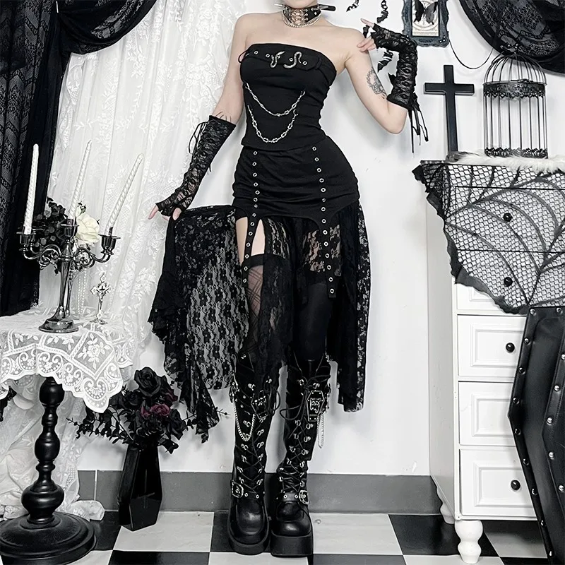 Gothic Diablo Grunge Irregular Lace Half Skirt Y2k New Trendy Peplum Skirts Women Punk Black Skirt Streetwear Vintage Clothes