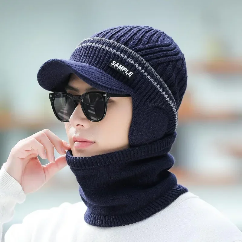 Knitted Visor Winter Hat Thicken Warm Earmuffs Skullies Beanies for Men Women Wool Scarf Caps Cycling Ski Mask Balaclava Bonnet