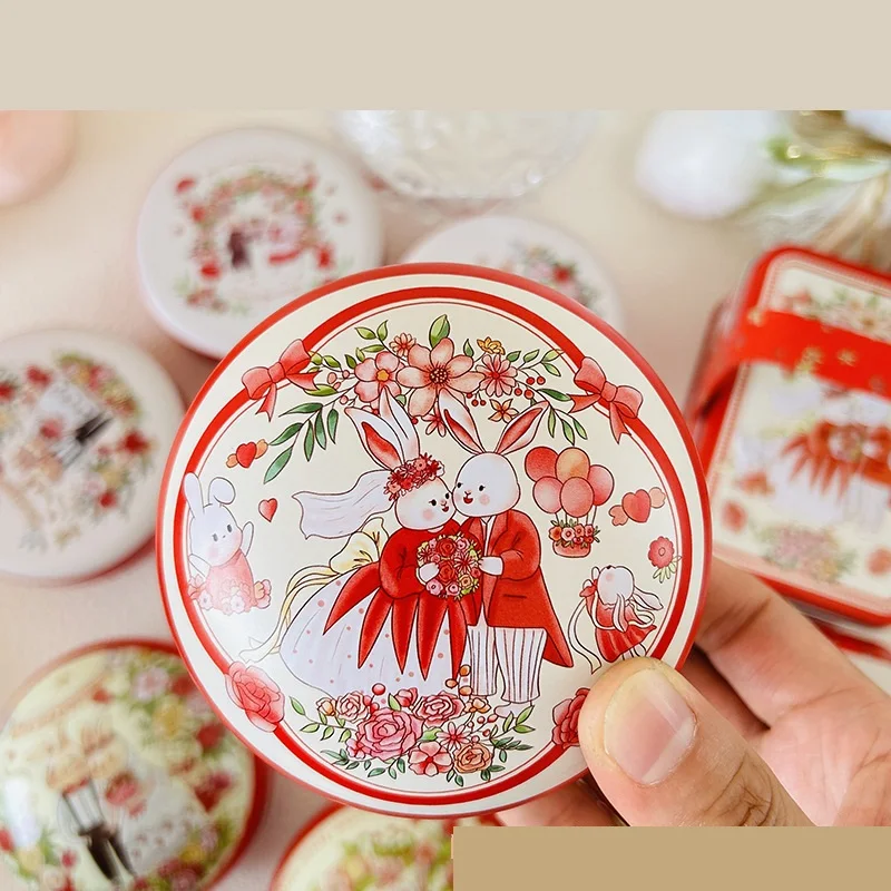 1PCS Cartoon Rabbit Dessert Tin Storage Box Small Round Seal Tea Cans Girls Bedroom Jewelry Case Metal Candy Packaging Gift Box