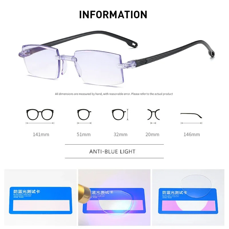 2 Pair New Men Women Rimless Reading Glasses Anti Blue Light Bifocal Far Near Magnification Eyewear Presbyopic Glasses +150 +200