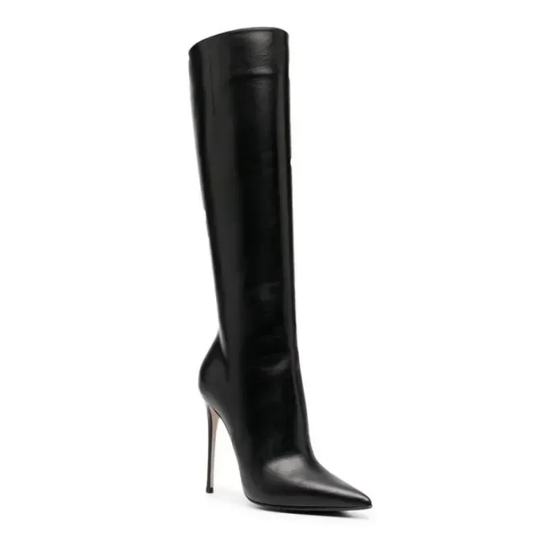 2024 Winter New Fashion Sexy Solid Color Knee Boots Classic High Heels for Women Elegant Pointed Zipper Big Size Shoes 43 44 45